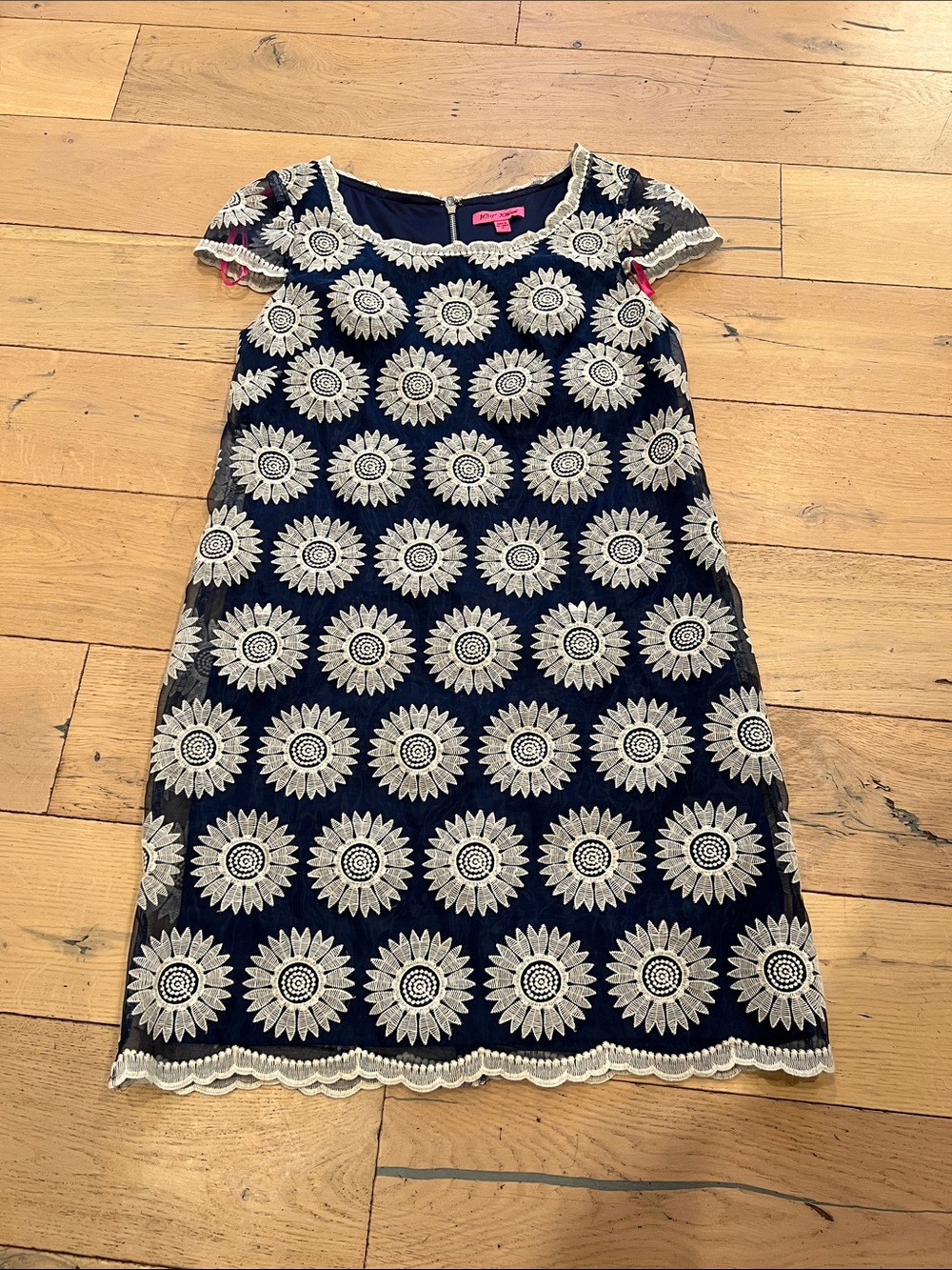 Betsy  Johnson Navy Blue Dress with White Floral Embroidery, 10
